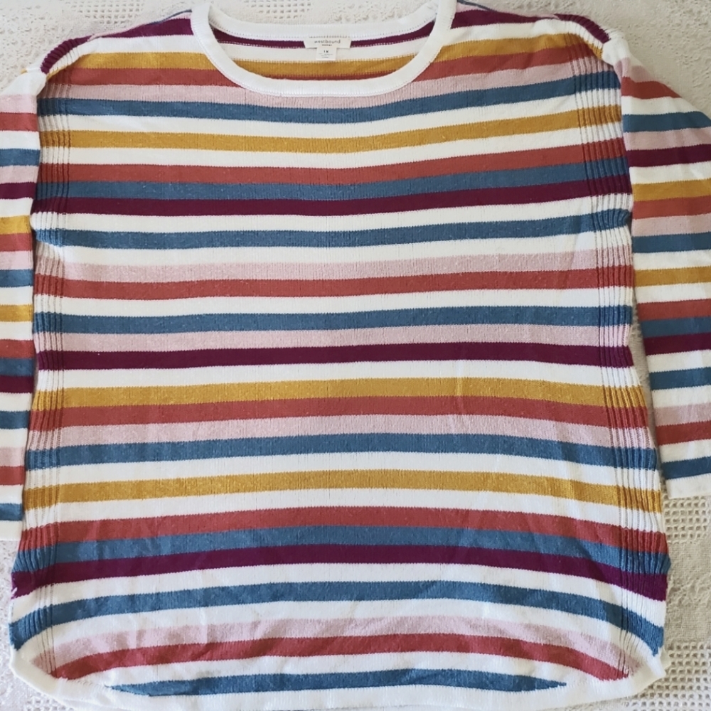 Westbound woman 1X striped colorful rainbow sweater sweatshirt top - Picture 5 of 13